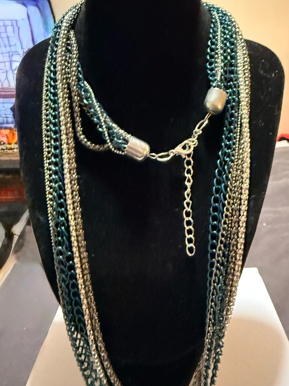 Layered Teal and Silver Multi-Chain Necklace - Women Jewelry